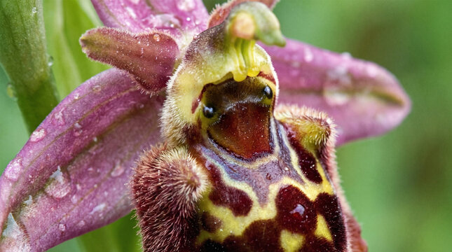 Macro Close Up of Bee Orchid Ophrys Apifera Hairy Lip Flower Structure
