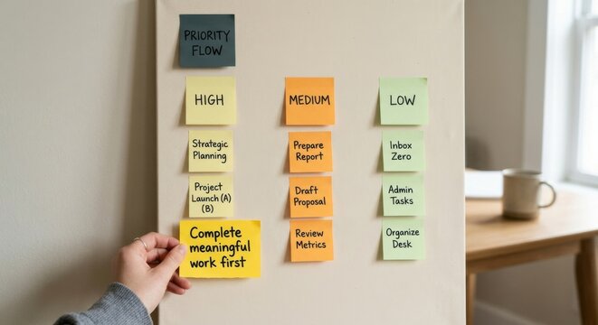 Kanban Board with Sticky Notes for Priority Task Management