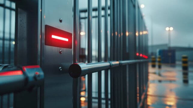 Security gate detail with badge reader in logistics park scene