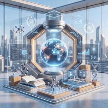Futuristic global education technology platform with holograms