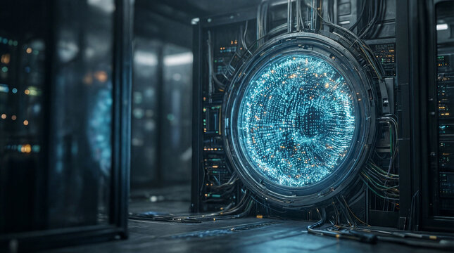 Neural gate supercomputer technology, glowing circular interface embedded in a massive high performance data center server room