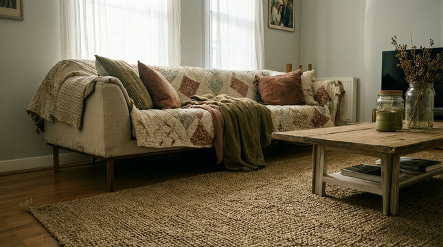 Cozy living room interior featuring a layered quilt sofa and a rustic Mediterranean whitewash tea table in a bright home