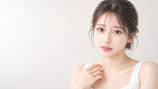 白い背景で鎖骨に手を添えて見つめる若い女性の透明感ある美容ポートレート