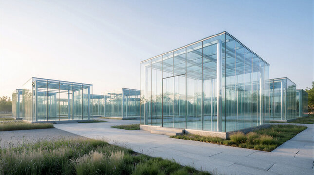 Crystalline glass pavilions arranged in a precise geometric pattern within an empty contemporary landscape