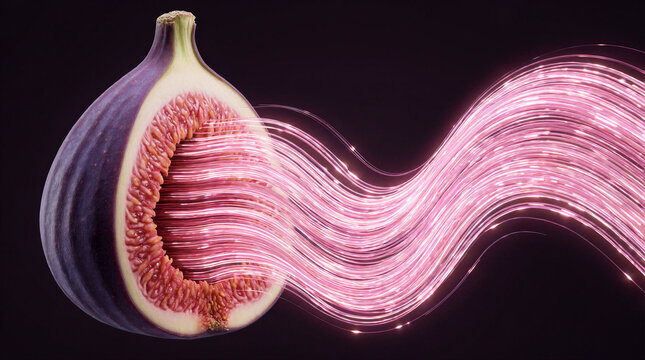 Fig fruit skin tearing open with pink flesh and glowing data waves