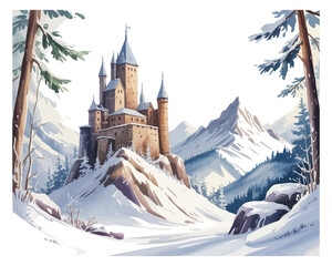 Obraz premium Watercolor Snowy Mountain Castle, Enchanted Winter Fortress Landscape, Vector Illustration Isolated on White Background