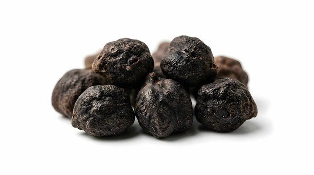 Black maca root tubers piled together on a clean white surface