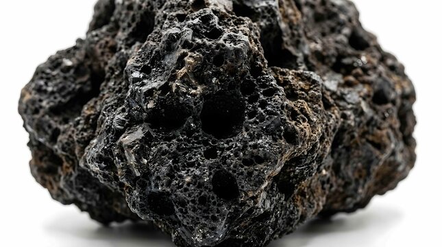 Black Volcanic Rock Fragment with Porous Texture Isolated on White