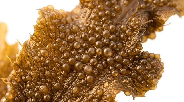 Brown bladder wrack seaweed macro shot showing detailed air bubbles