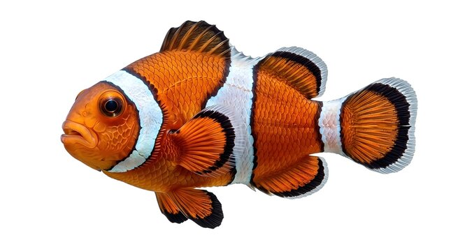 Bright orange clownfish with white vertical stripes isolated on white background