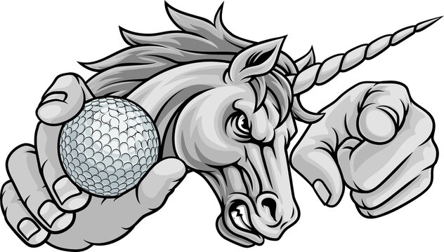 Unicorn horse stallion angry golf sports team mascot holding a ball.