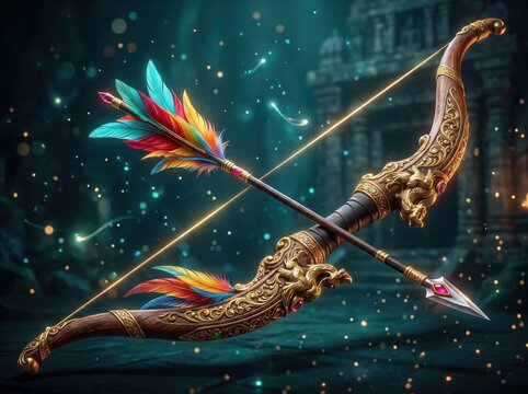 Ornate wooden bow and colorful feathered arrow for Dussehra festival