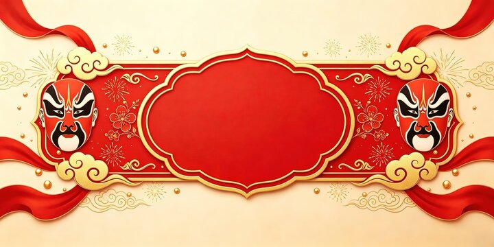 Red And Gold Festive Chinese Banner With Opera Masks Plum Blossoms Fireworks Ribbons And Beige Background