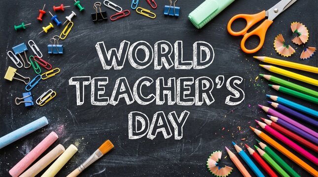 World Teacher's Day handwritten chalk lettering on a black chalkboard background surrounded by colorful school supplies like colored pencils, paper clips, and scissors.