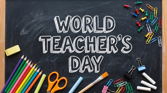 World Teacher's Day Celebration Concept featuring Colorful Stationery Items, School Supplies, Chalk, and Pencils Arranged on a Classic Blackboard with Chalkboard Text Background