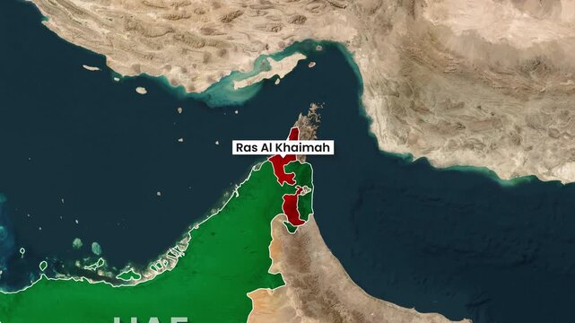 Animated map highlights Ras Al Khaimah within United Arab Emirates borders