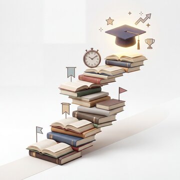 Staircase made of books leading to a graduation cap and success