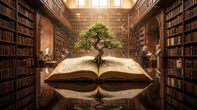 A miniature bonsai tree growing out of an open antique book centered on a polished dark surface inside a majestic, multi-story historical library with towering wooden bookshelves.