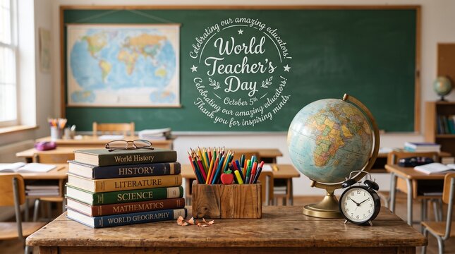 A classroom setup with a green chalkboard featuring a World Teacher's Day message, a stack of books, a globe, and pencils on a wooden desk, evoking an educational and celebratory academic atmosphere.