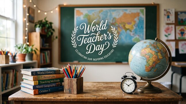 A Cozy Classroom Desk Setup Celebrating World Teachers' Day Featuring a Chalkboard Map, Decorative Globe, Stack of Textbooks, Analog Alarm Clock, and String Lights in a Warm Educational Setting