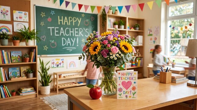 A festive classroom interior on Teacher's Day, featuring a large chalkboard with a handwritten greeting, a colorful bouquet of flowers, an apple, and a greeting card on a wooden desk.