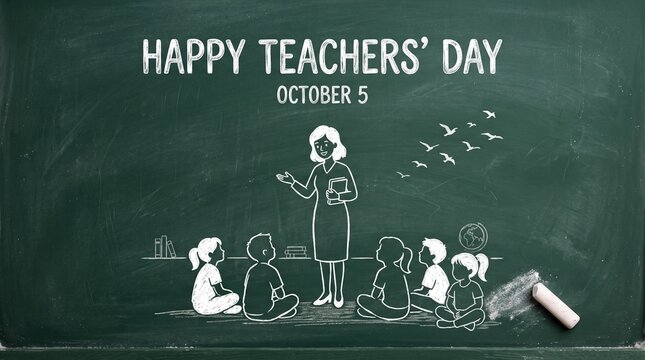 Chalkboard art illustration for World Teachers' Day featuring a teacher instruction a group of children with text reading Happy Teachers' Day October 5 and white chalk piece