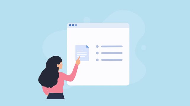 Animated video showing a person reviewing a digital document with checklist items and information on a simple web interface against a soft blue background.