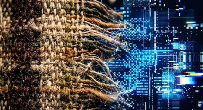 Woven textile fabric dissolving into digital pixel glitch pattern