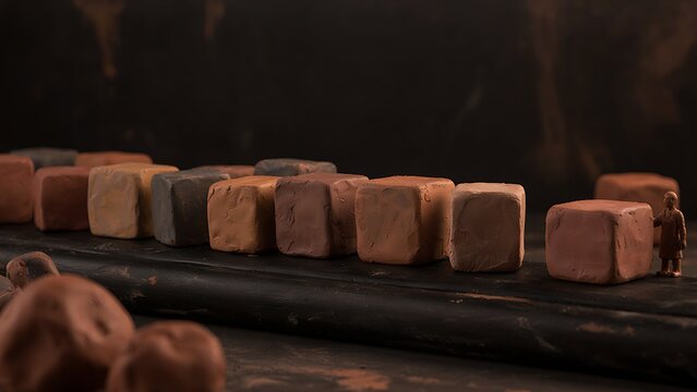 Row of earth clay cubes and chocolate blocks with miniature figurine on dark rustic background