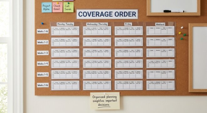Structured Coverage Order Planning Board for Weekly Tasks and Schedules
