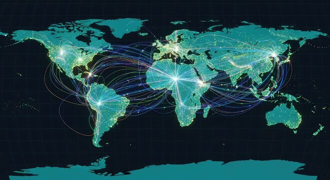 A glowing digital map of the world showing intricate fiber optic connections and data packets flowing across a complex global grid system, wide, dark, cyber
