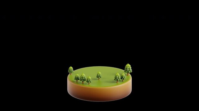 3D isometric spinning tornado swirling over a small patch of land with trees in a looping 3D animated icon style on an transparent background for extreme weather warning and disaster concepts.