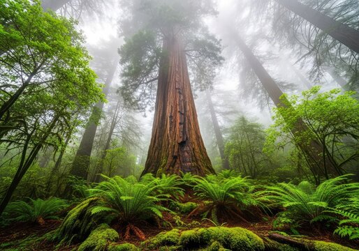 A majestic giant redwood tree rises into a thick misty fog within a lush ancient forest, captured from a low angle to show its scale, tall, growth, outdoor
