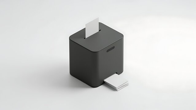 Voting box and ticket printer mockup with blank white paper on clean white background