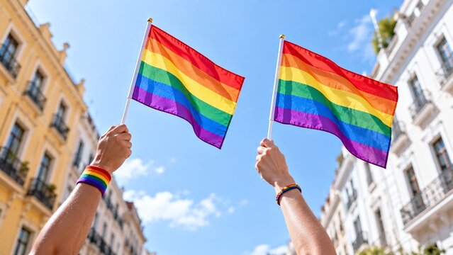 Hands holding rainbow flags during pride parade celebration in city street, representing LGBTQ rights, equality, freedom, and diversity