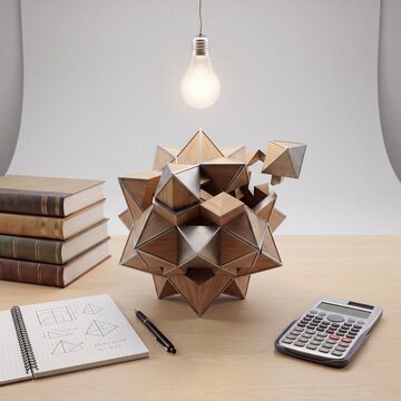 Geometric wooden sculpture on desk under glowing light bulb