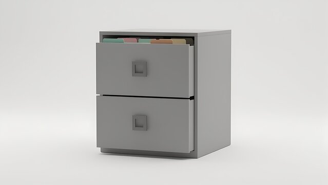 Small two-drawer office file cabinet with colorful folder tabs on clean white background