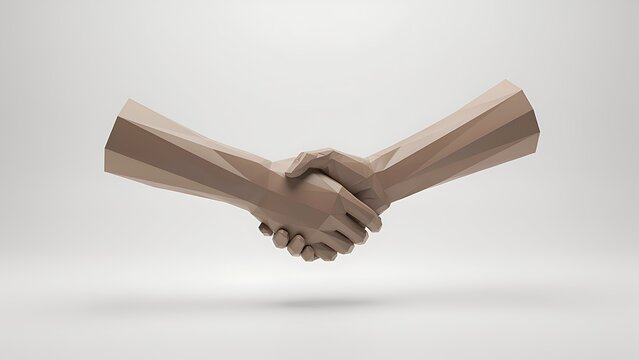 Low-poly 3D geometric handshake symbolizing business partnership and agreement on clean white background