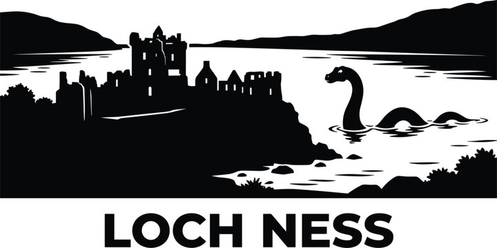 Loch ness landscape featuring urquhart castle ruins nessie lake monster and scottish highlands for travel souvenir design