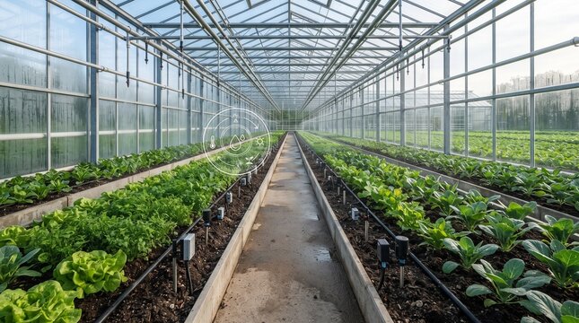 Modern industrial greenhouse with rows of green lettuce. Sustainable hydroponic glasshouse for organic farming. Commercial indoor vegetable plantation.