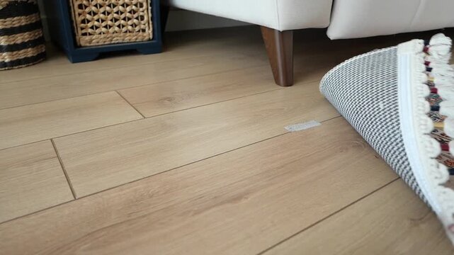 Rug being unrolled on a light wood floor near sofa leg and basket