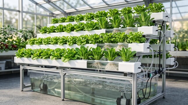 Hydroponic vertical farming system in greenhouse, sustainable indoor agriculture with green lettuce, modern aquaponic garden setup