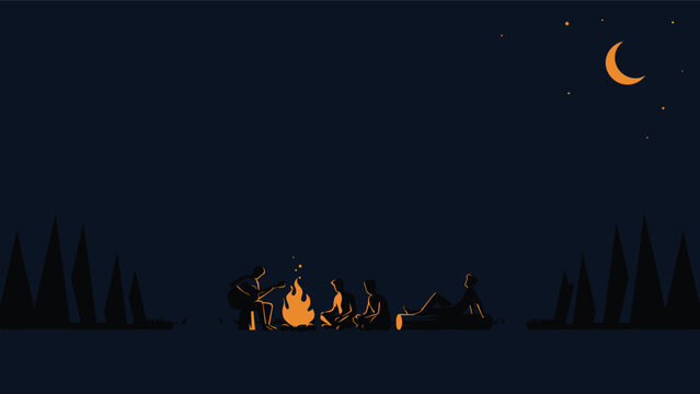 People camping by a bonfire under a night sky with a crescent moon and pine trees in a flat vector illustration