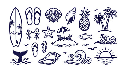 Obraz premium Summer Beach and Ocean Vacation Silhouette Icon Vector Set with Surfboard, Palm Trees, Shells, and Tropical Elements for Stamp and Logo Designs