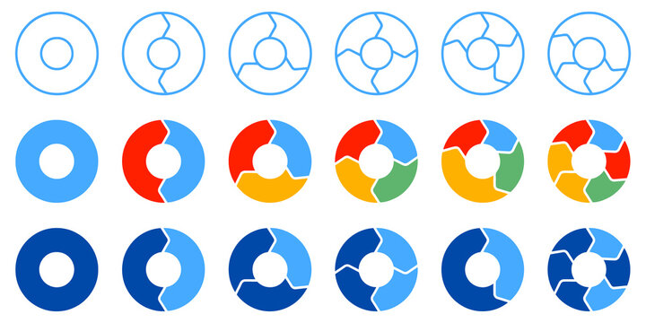 Collection of circular diagrams with segments and different color schemes