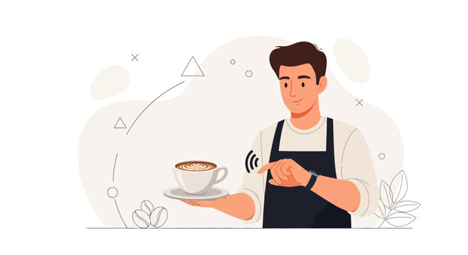 Barista using smartwatch for contactless payment or order at coffee shop, modern technology in cafe service