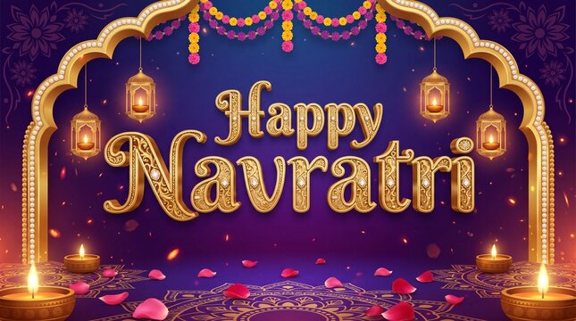 Happy navratri festive background with golden typography, traditional hanging lamps, flower petals, and intricate mandala patterns in purple and gold