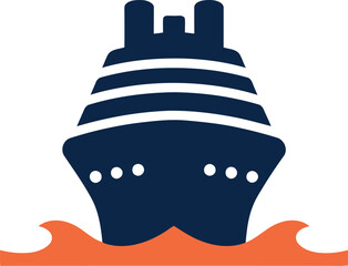 Dark blue cruise ship graphic icon with white moving over orange ocean waves water transport ocean liner travel icon © Sadia