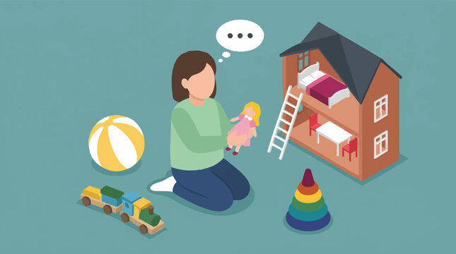 Isometric illustration of a person playing with toys and dollhouse
