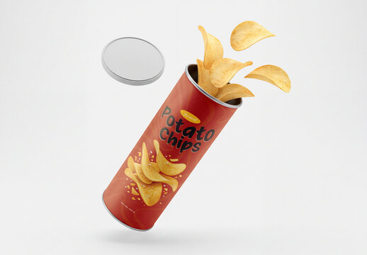 Potato Chips Tube Can Mockup with Flying Chips